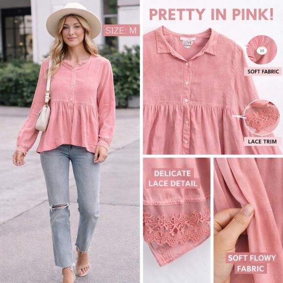 2Love Medium Pink Babydoll Tunic Blouse Lace Hem Boho Cottagecore Button Front - Picture 6 of 9